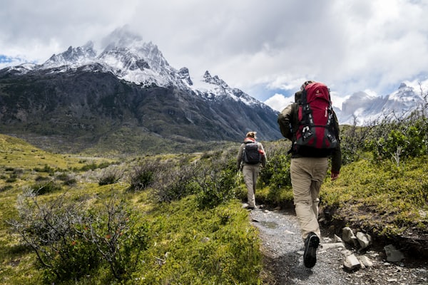 Two hikers trekking a mountain trail toward snow-capped peaks
